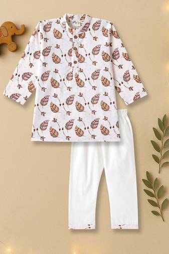 Boys cream tribal leaves printed cotton kurta pyjama set