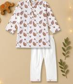 Boys cream tribal leaves printed cotton kurta pyjama set