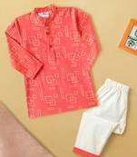 Boys coral geometric boxes printed cotton kurta pyjama set