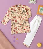 Boys beige toy paisley printed cotton kurta pyjama set