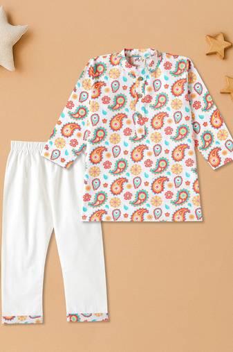 Boys cream floral paisley printed cotton kurta pyjama set