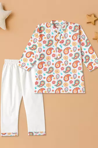 Boys cream floral paisley printed cotton kurta pyjama set
