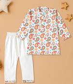 Boys cream floral paisley printed cotton kurta pyjama set