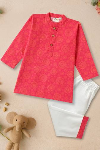 Boys pink floral mandala motif printed cotton kurta pyjama set
