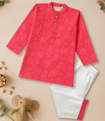 Boys pink floral mandala motif printed cotton kurta pyjama set