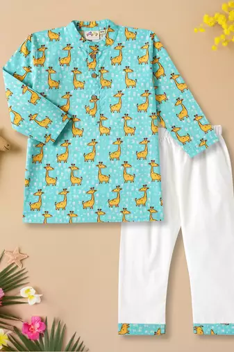 Boys aqua llama printed cotton kurta pyjama set