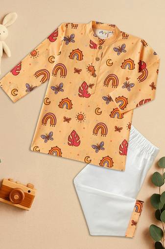 Boys Yellow rainbow and butterfly printed cotton kurta pyjama set