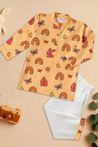 Boys Yellow rainbow and butterfly printed cotton kurta pyjama set