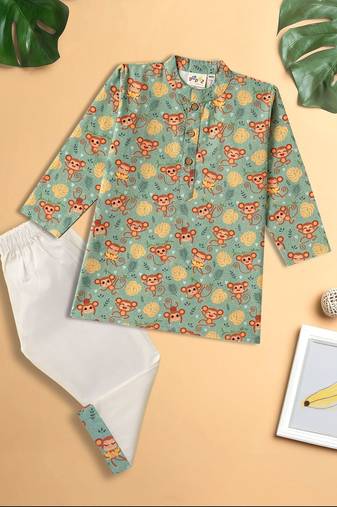 Boys green monkey printed cotton kurta pyjama set