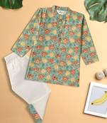 Boys green monkey printed cotton kurta pyjama set