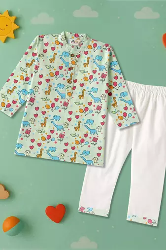 Boys green aninal world printed cotton kurta pyjama set