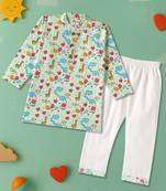 Boys green aninal world printed cotton kurta pyjama set