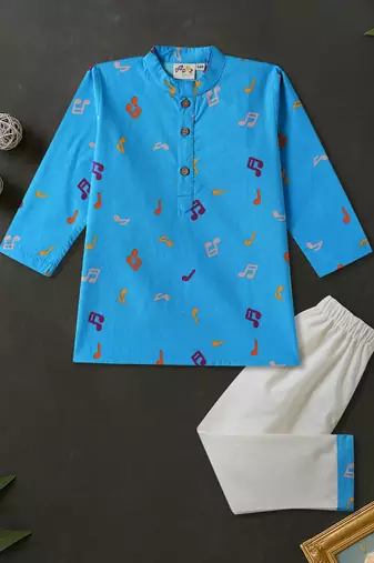 Boys blue musical notes printed cotton kurta pyjama set
