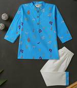 Boys blue musical notes printed cotton kurta pyjama set