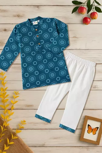 Boys blue mandala circles printed cotton kurta pyjama set