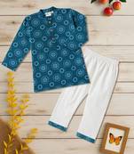 Boys blue mandala circles printed cotton kurta pyjama set