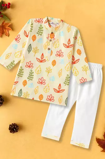 Boys yellow fern leaves printed cotton kurta pyjama set