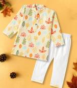 Boys yellow fern leaves printed cotton kurta pyjama set