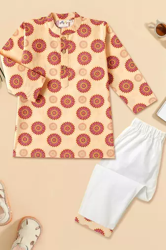 Boys Beige floral motif printed cotton kurta pyjama set