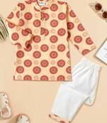 Boys Beige floral motif printed cotton kurta pyjama set