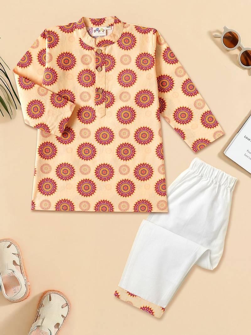 Boys Beige floral motif printed cotton kurta pyjama set