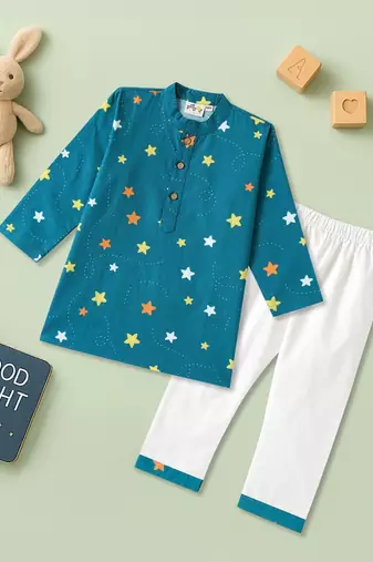 Boys teal stars printed cotton kurta pyjama set