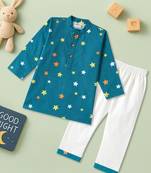 Boys teal stars printed cotton kurta pyjama set