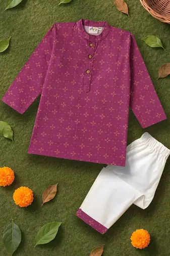 Boys magenta geometric floral printed cotton kurta pyjama set
