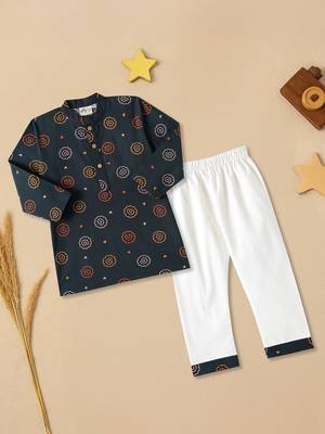 Boys Blue floral printed cotton kurta pyjama set 1
