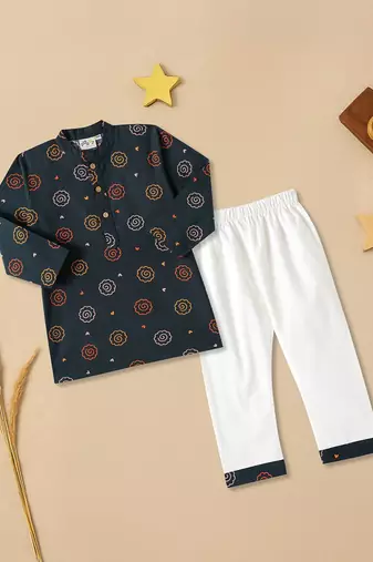 Boys Blue floral printed cotton kurta pyjama set