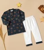 Boys Blue floral printed cotton kurta pyjama set