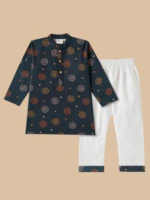Boys Blue floral printed cotton kurta pyjama set 2