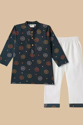 Boys Blue floral printed cotton kurta pyjama set