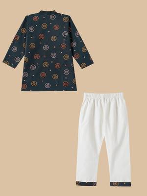 Boys Blue floral printed cotton kurta pyjama set 3