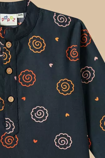 Boys Blue floral printed cotton kurta pyjama set