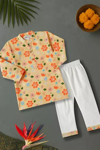 Boys beige floral garden printed cotton kurta pyjama set