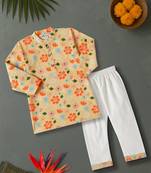 Boys beige floral garden printed cotton kurta pyjama set