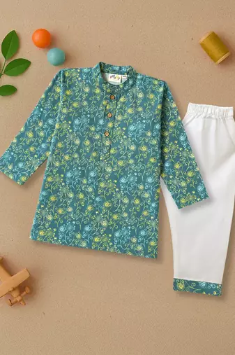 Boys teal floral vine printed cotton kurta pyjama set
