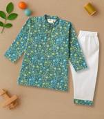 Boys teal floral vine printed cotton kurta pyjama set