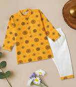Boys Yellow floral motif printed cotton kurta pyjama set
