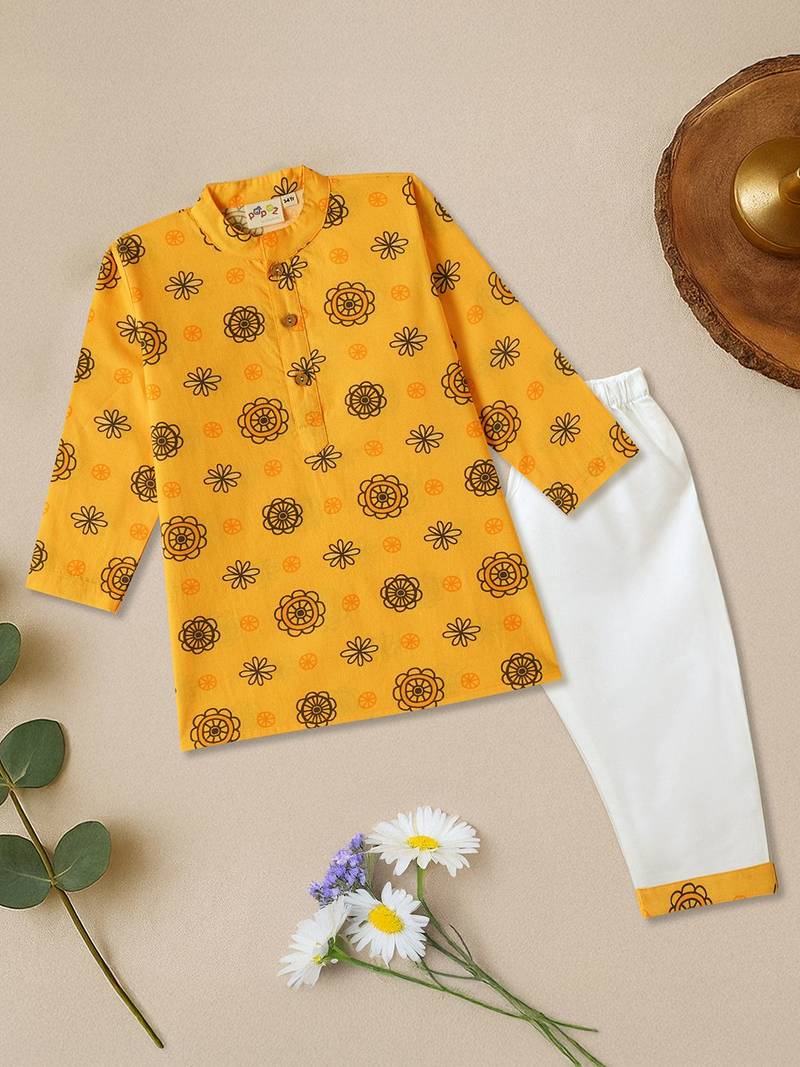 Boys Yellow floral motif printed cotton kurta pyjama set