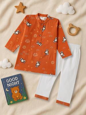 Boys rust planet and astronaut printed printed cotton kurta pyjama set 1