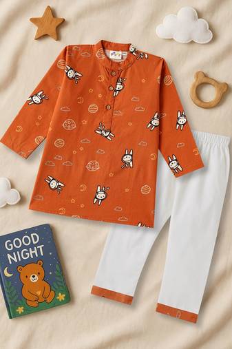 Boys rust planet and astronaut printed printed cotton kurta pyjama set