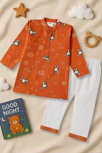Boys rust planet and astronaut printed printed cotton kurta pyjama set