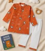 Boys rust planet and astronaut printed printed cotton kurta pyjama set