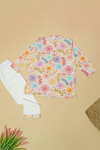Boys multicolor floral printed cotton kurta pyjama set