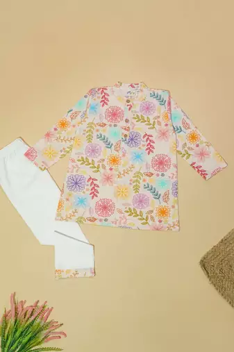 Boys multicolor floral printed cotton kurta pyjama set