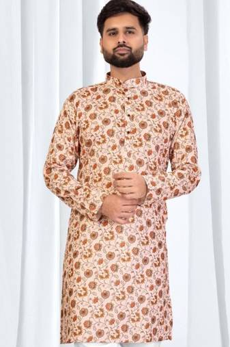 Beige floral printed soft cotton kurta pajama for men     ethnic wear with white cotton pajama