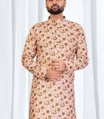 Beige floral printed soft cotton kurta pajama for men     ethnic wear with white cotton pajama