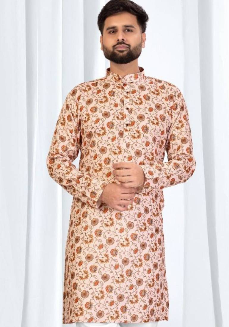 Beige floral printed soft cotton kurta pajama for men – ethnic wear with white cotton pajama